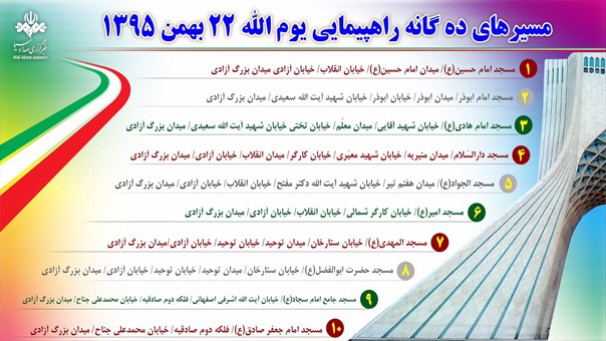 مسیرهای 10 گانه راهپیمایی 22 بهمن