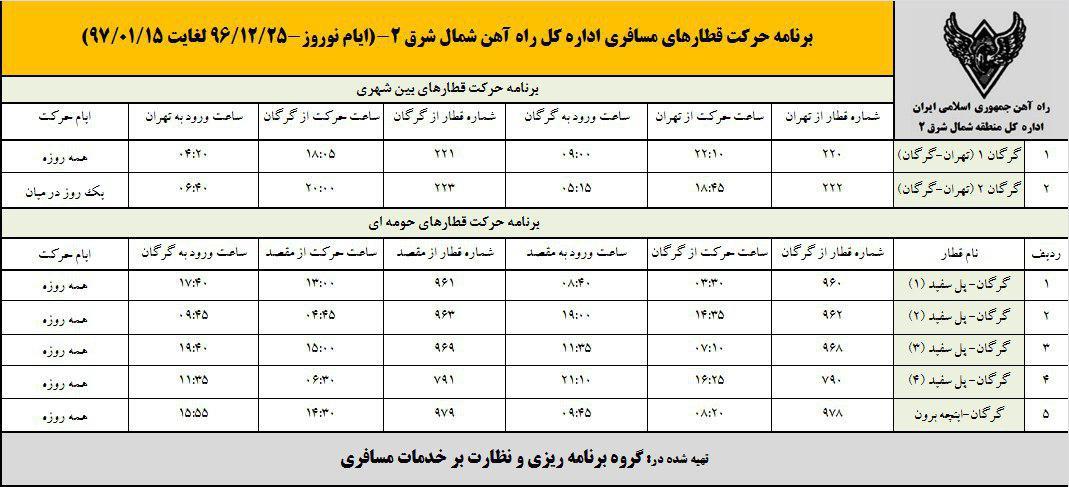 برنامه حرکت قطارهای مسافری استان گلستان