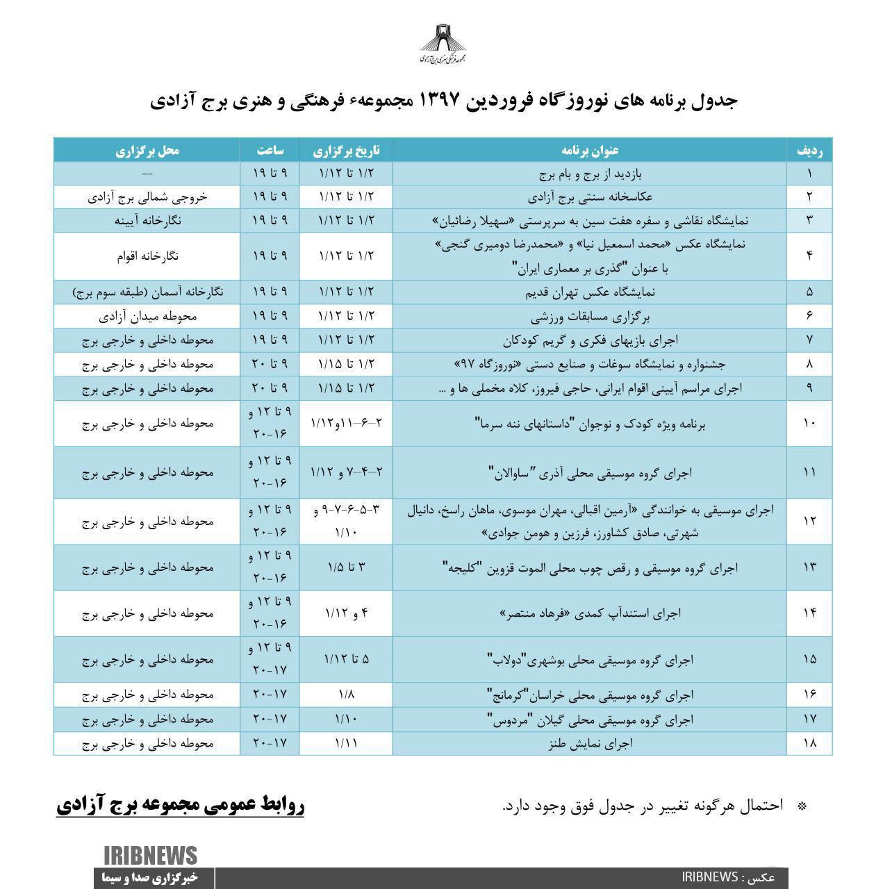 اعلام برنامه‌های برج آزادی به مناسبت نوروز