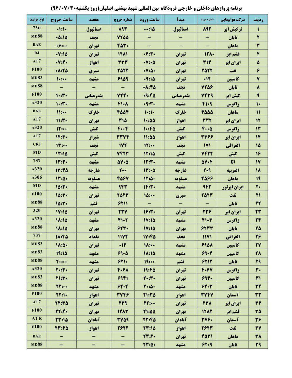 فهرست پروازهای 30مهر فرودگاه شهید بهشتی اصفهان