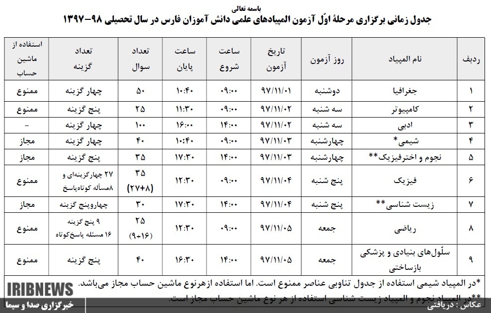 اعلام جدول زمانی آزمون المپیاد علمی دانش آموزان