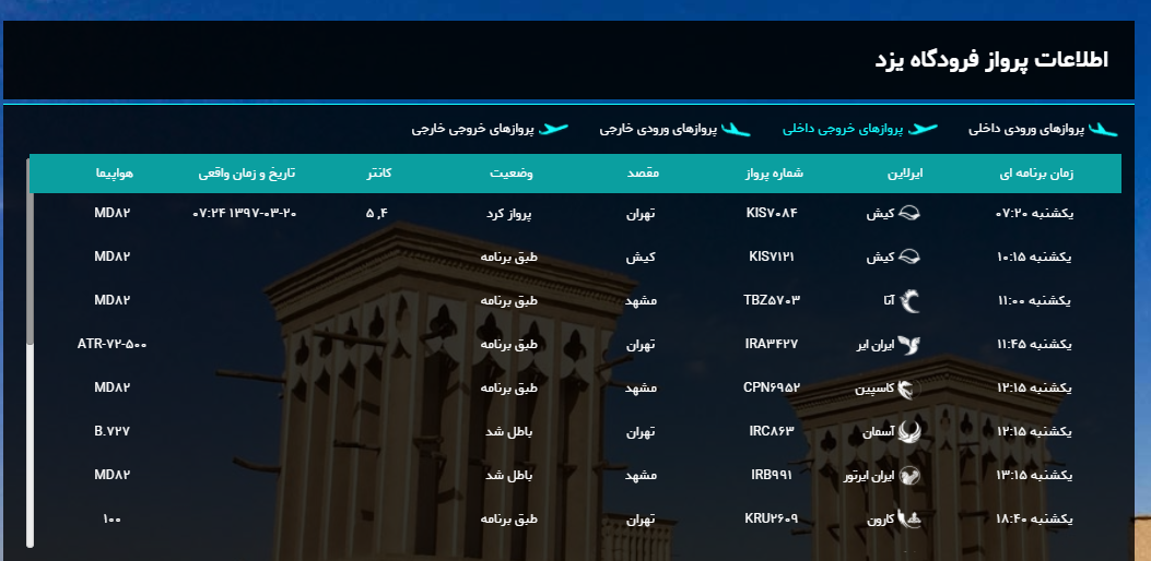 برنامه پرواز‌های امروز فرودگاه شهید صدوقی یزد + لیست