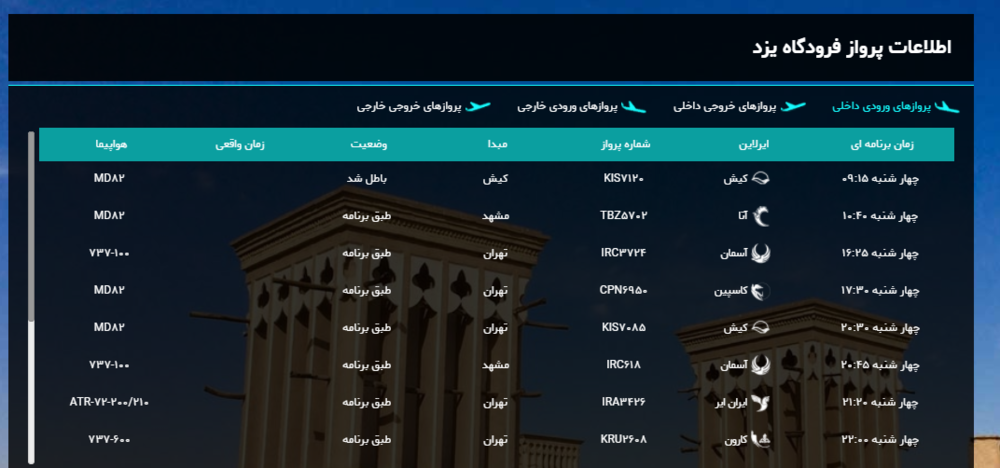 برنامه پرواز‌های امروز فرودگاه شهید صدوقی یزد + لیست