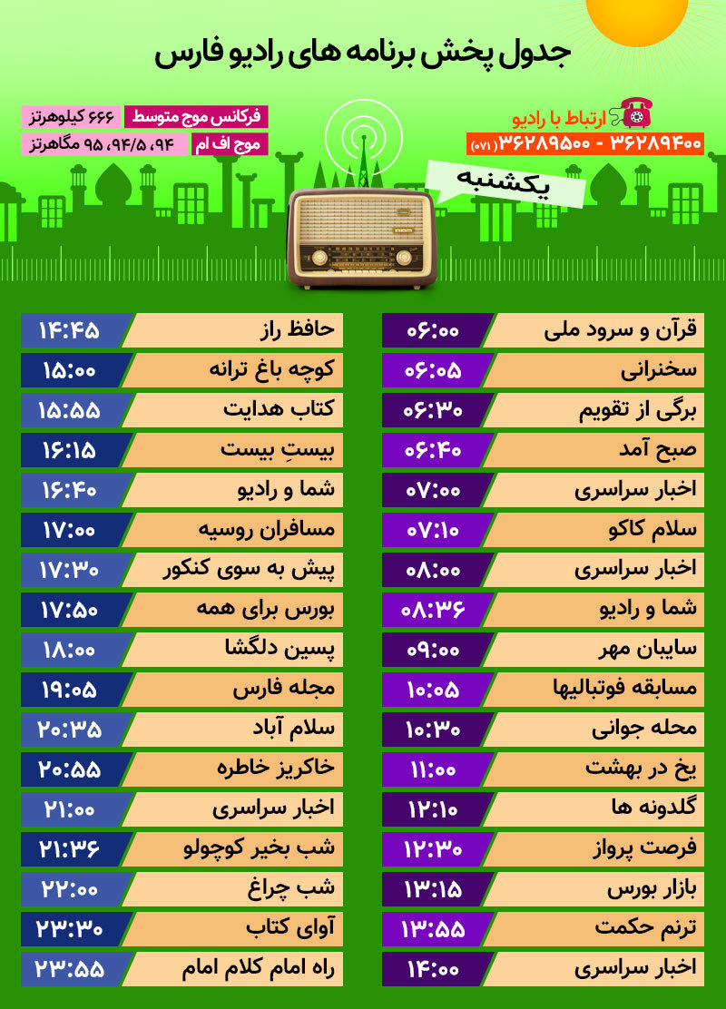 جدول پخش رادیو فارس یکشنبه ۲۴ تیر