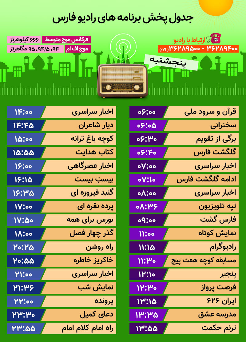 جدول پخش رادیو فارس ۲۸ تیر