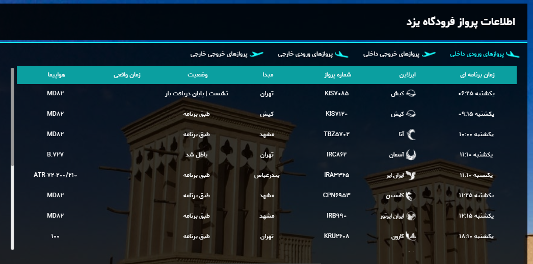 برنامه پرواز‌های امروز فرودگاه شهید صدوقی یزد + لیست