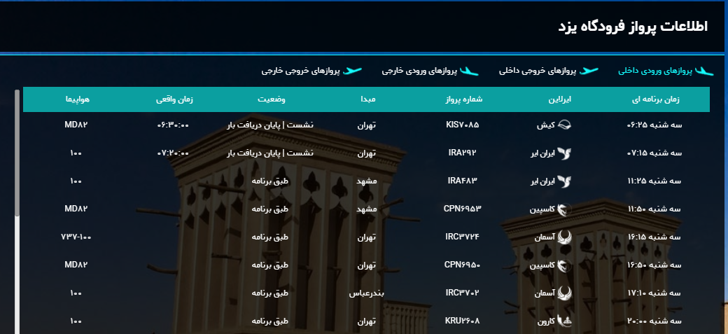 برنامه پرواز‌های امروز فرودگاه شهید صدوقی یزد + لیست