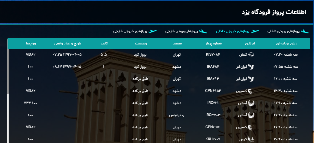 برنامه پرواز‌های امروز فرودگاه شهید صدوقی یزد + لیست