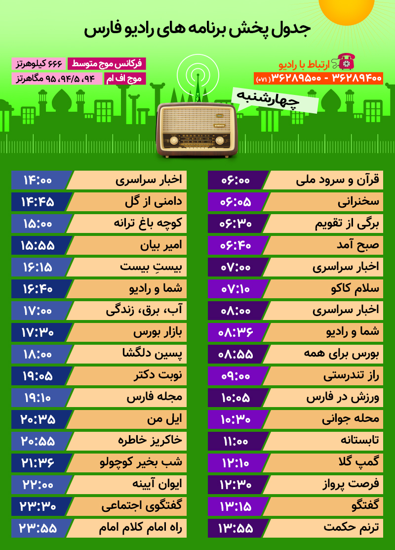 جدول پخش رادیو فارس چهارشنبه دهم