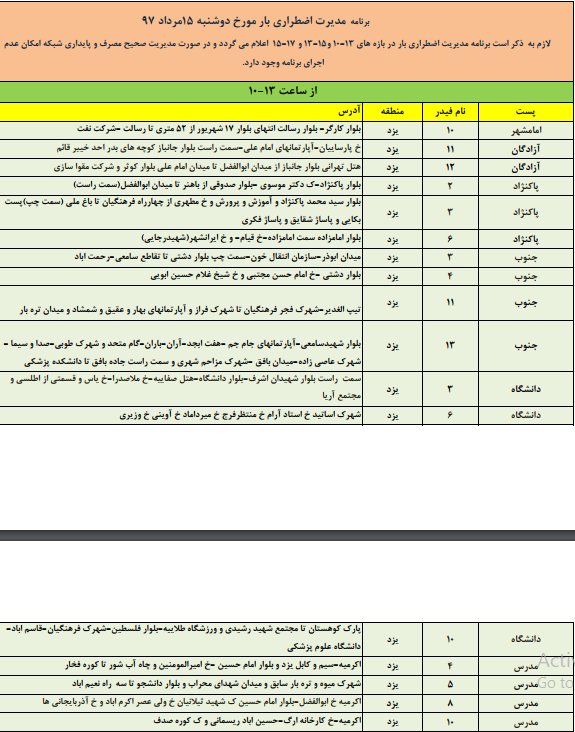 زمانبندی قطع برق امروز دوشنبه 15مردادماه در استان یزد+جدول