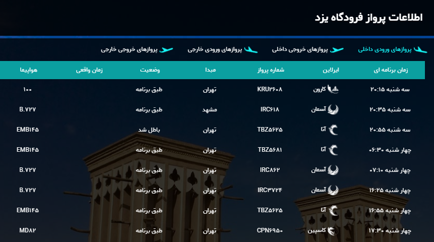 برنامه پرواز‌های امروز فرودگاه شهید صدوقی یزد + لیست