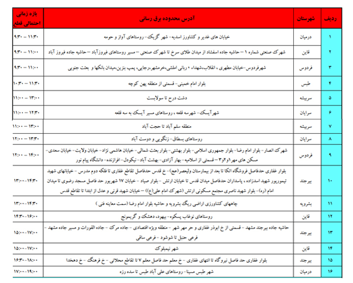 اعلام خاموشی های اضطراری برق، امروز 9 مرداد