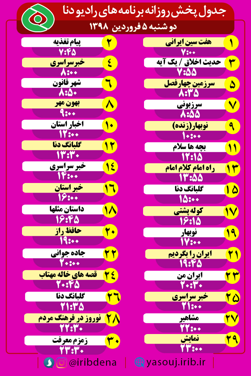 جدول پخش برنامه‌های امروز رادیوی شبکه دنا