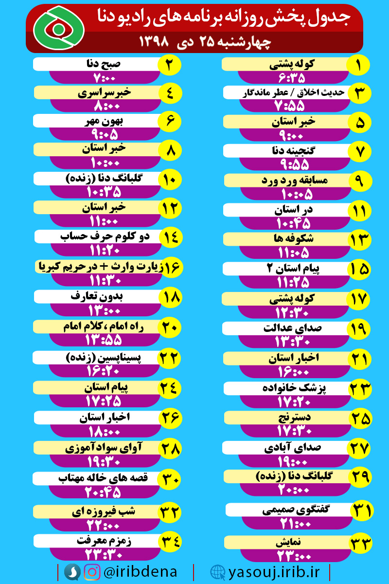 جدول پخش برنامه‌های امروز رادیوی دنا