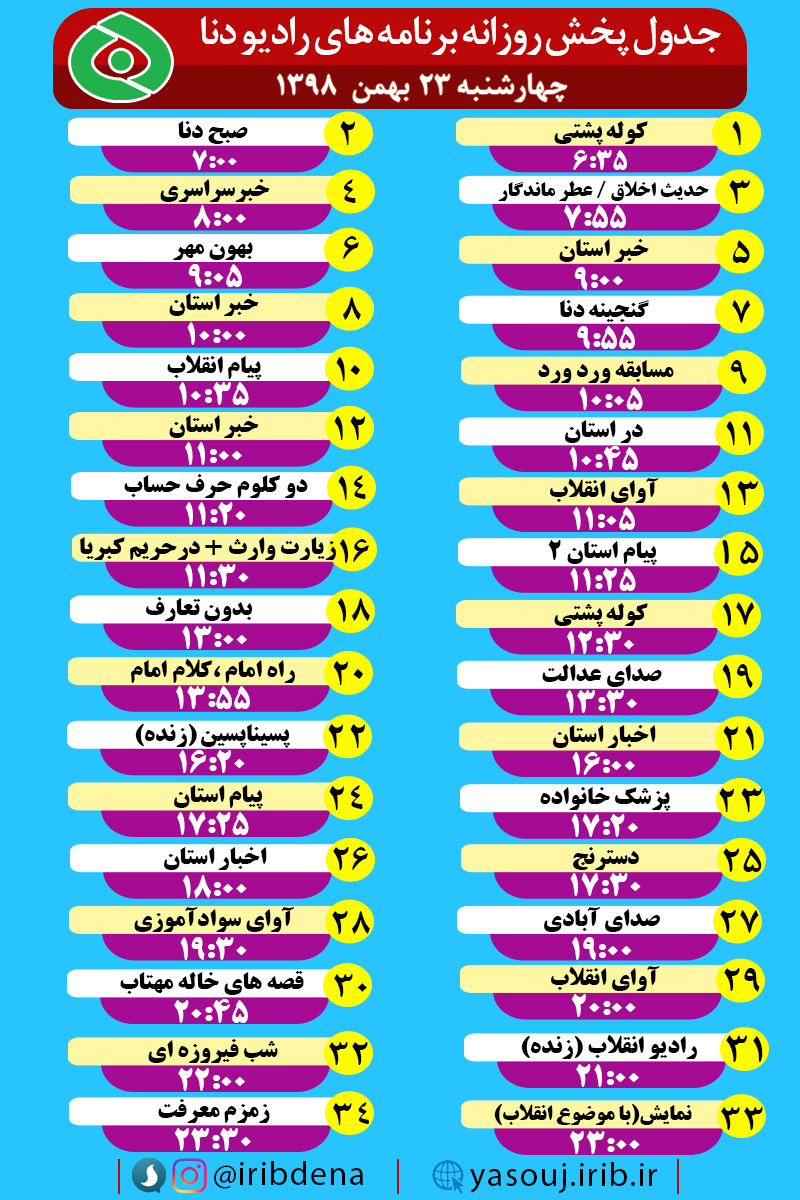 جدول پخش برنامه‌های امروز رادیوی دنا