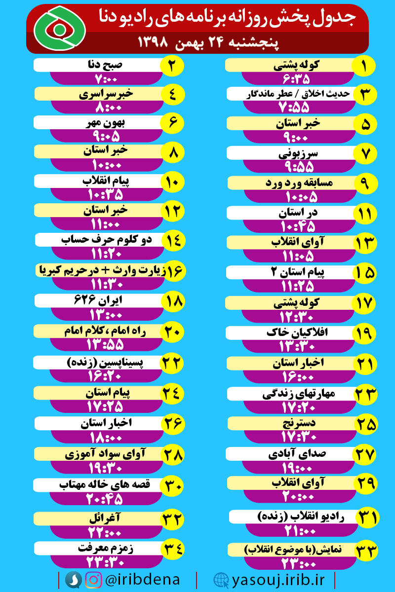 جدول پخش برنامه‌های امروز رادیوی دنا