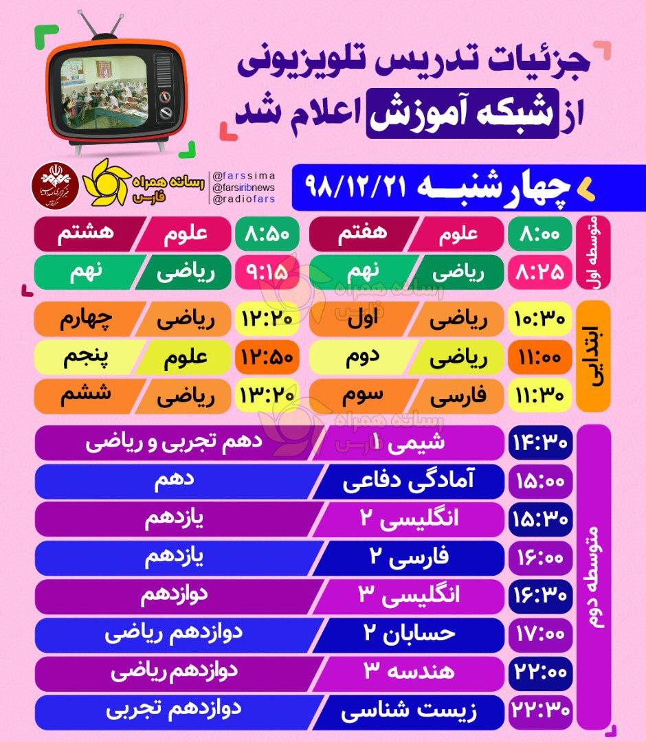 جدول زمانی پخش زنده دروس چهارشنبه