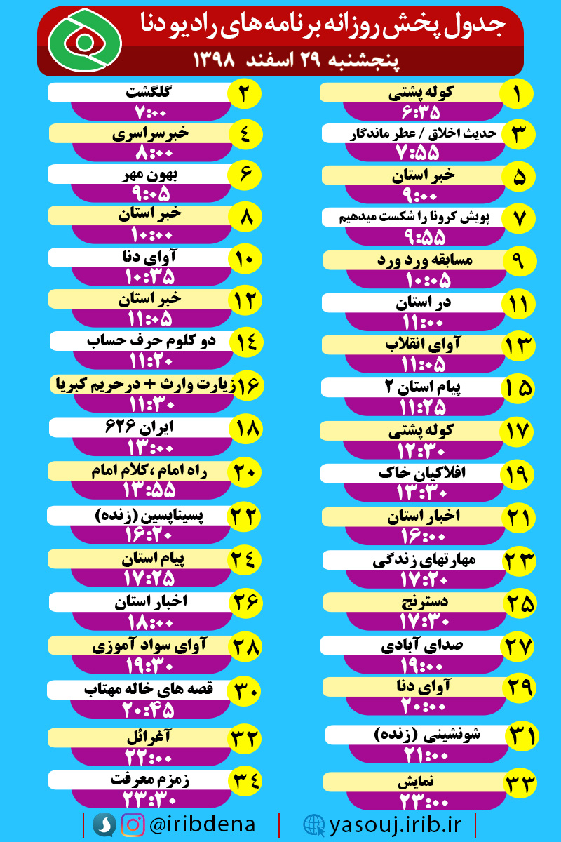 جدول پخش برنامه‌های رادیوی شبکه دنا