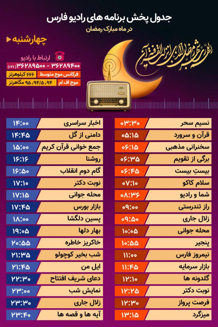 جدول پخش رادیو فارس چهارشنبه بیست و پنجم اردیبهشت