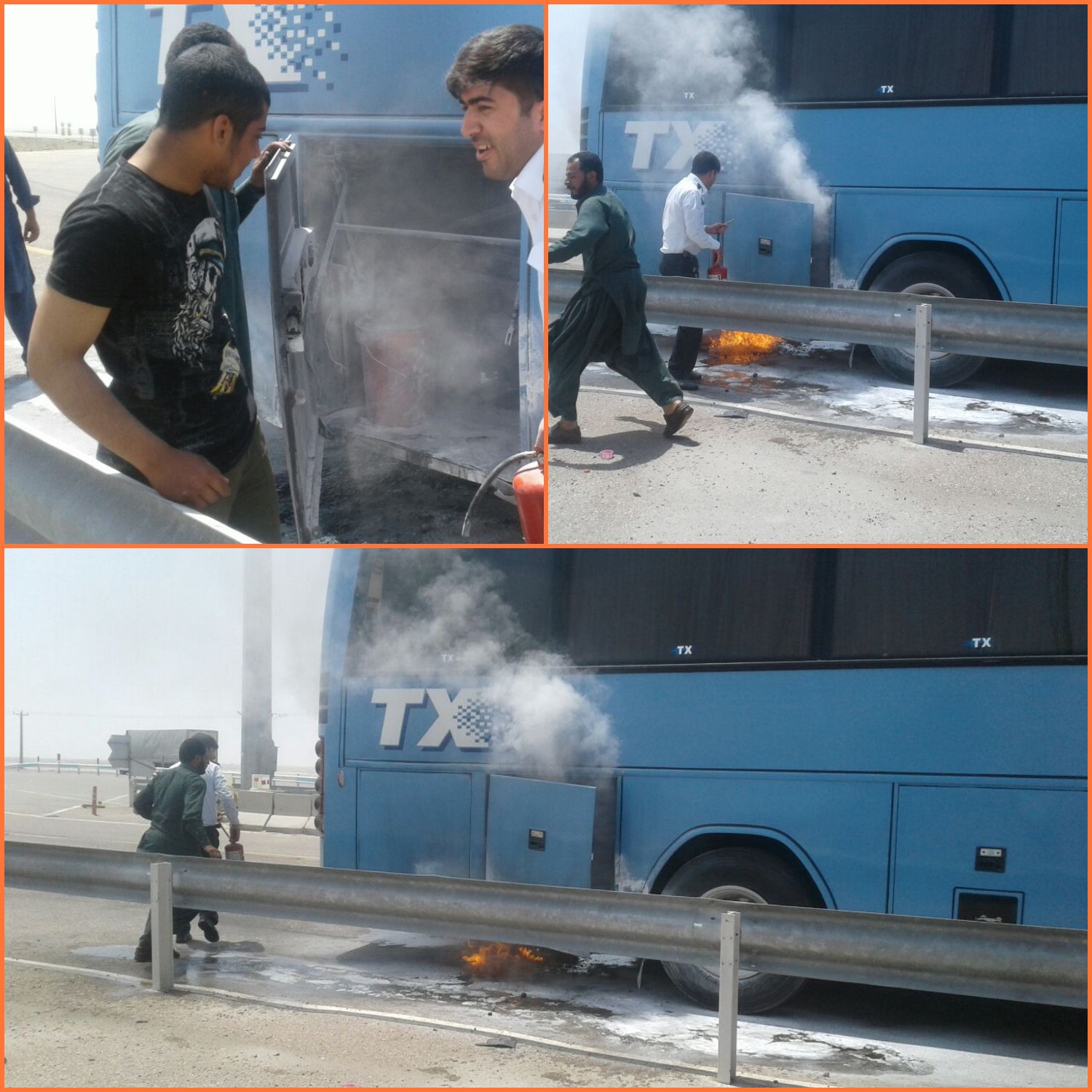 اطفاء به موقع حریق اتوبوس مسافربری در مسیر زابل- زاهدان