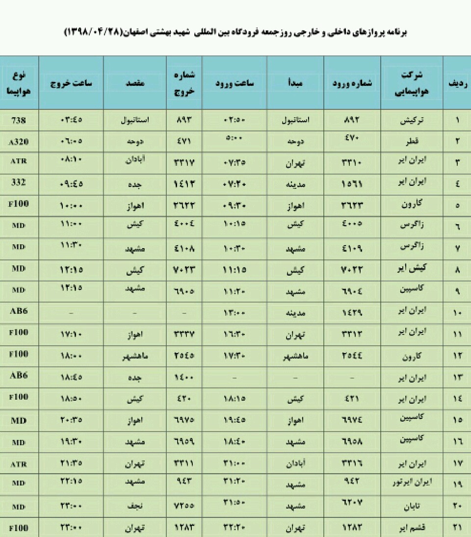 فهرست  پروازهای داخلی و خارجی فرودگاه اصفهان