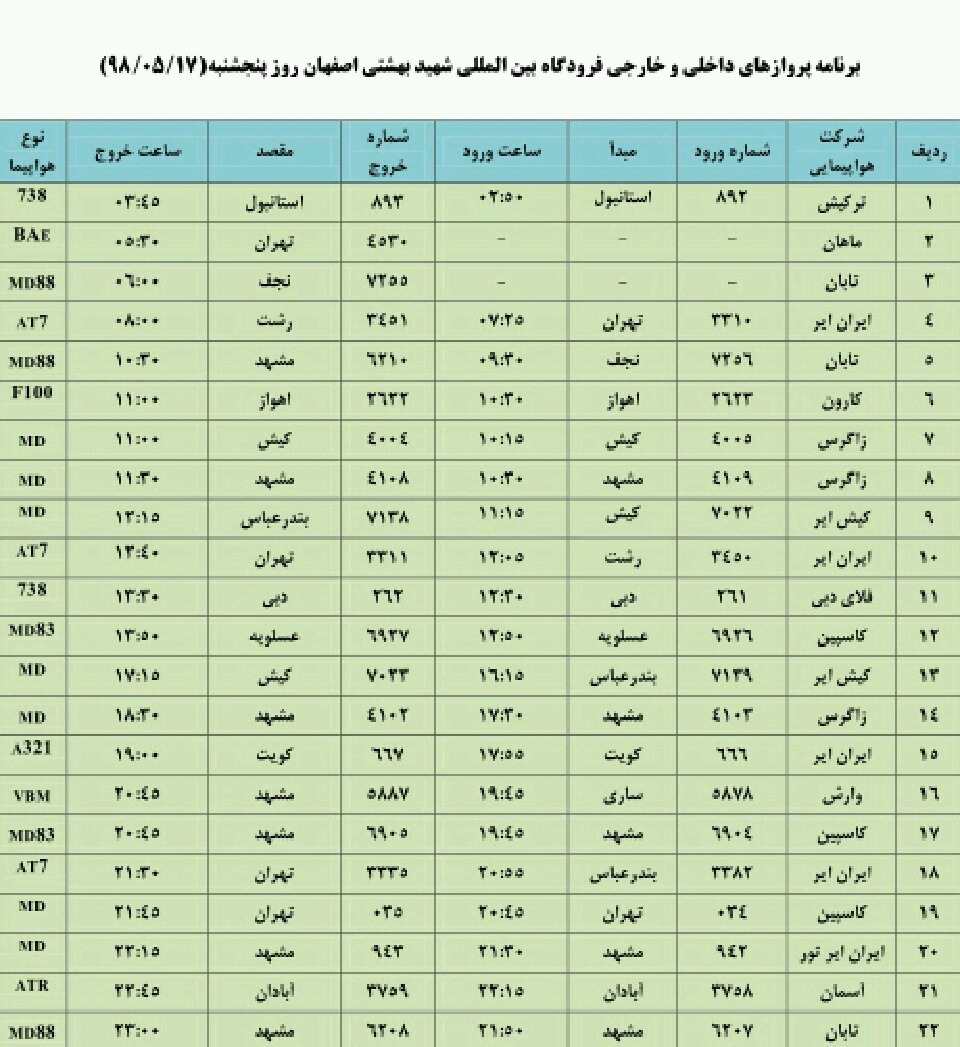 اعلام پروازهای داخلی و خارجی فرودگاه اصفهان
