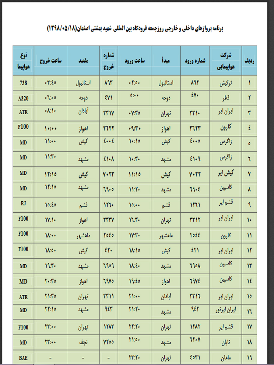 اعلام پروازهای داخلی و خارجی فرودگاه اصفهان