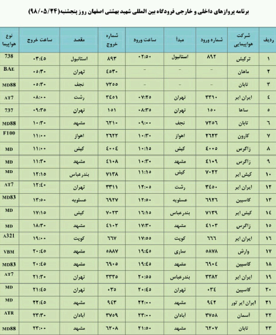 اعلام پروازهای فرودگاه بین المللی شهید بهشتی اصفهان