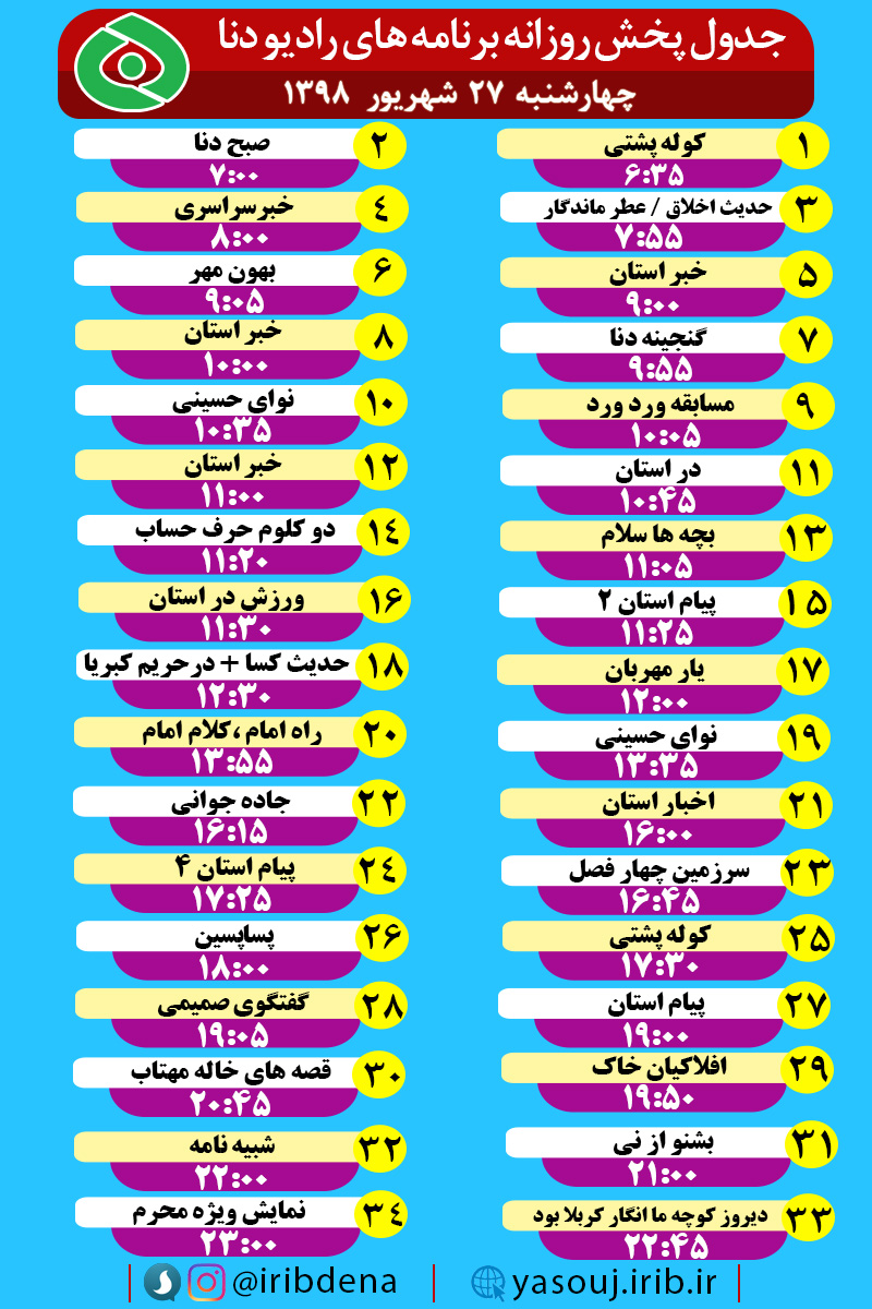 جدول پخش برنامه‌های رادیوی دنا