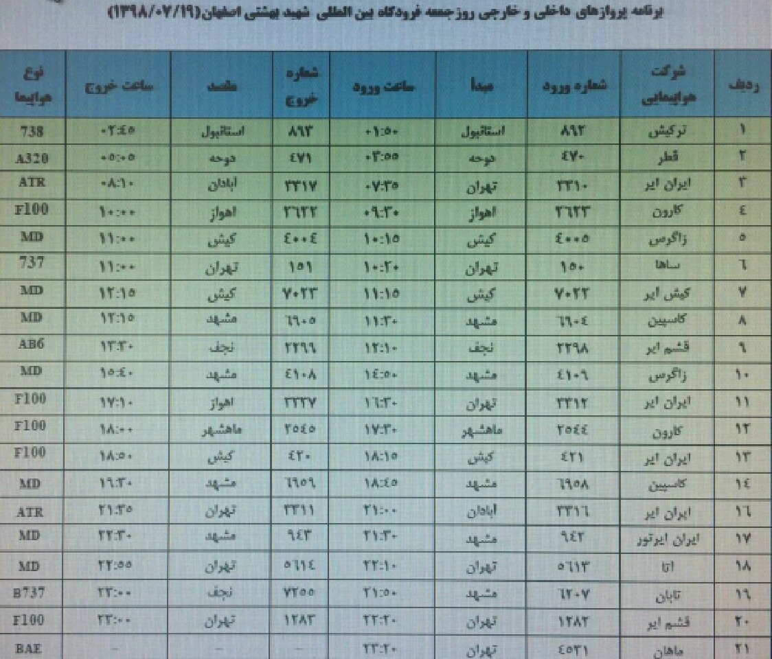 فهرست 21 پرواز داخلی وخارجی فرودگاه اصفهان