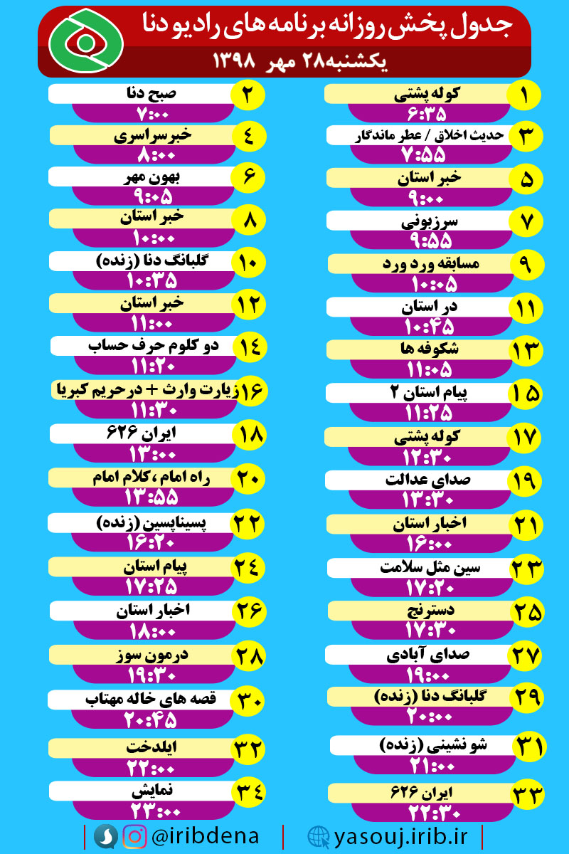 جدول پخش برنامه‌های امروز رادیوی دنا