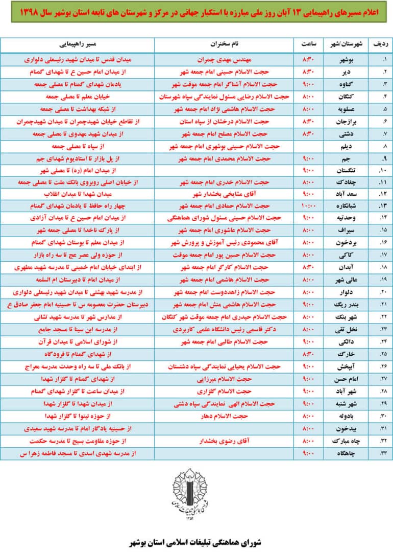 اعلام مسیرهای راهپیمایی 13 آبان در استان بوشهر