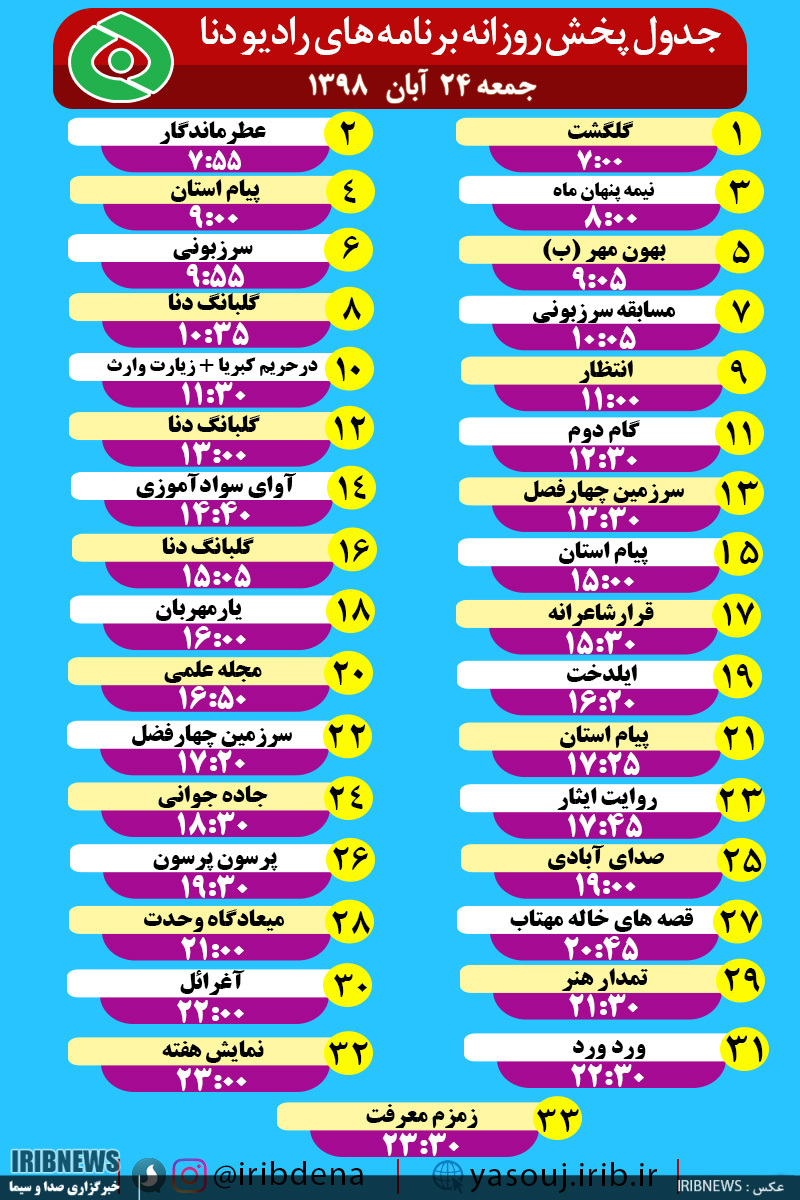 جدول پخش برنامه‌های امروز رادیوی دنا