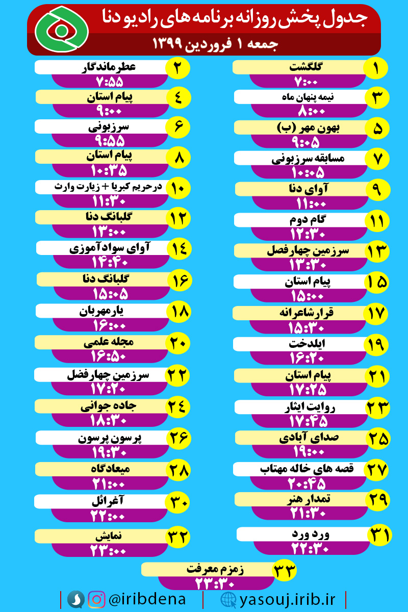 جدول پخش برنامه‌های رادیوی شبکه دنا