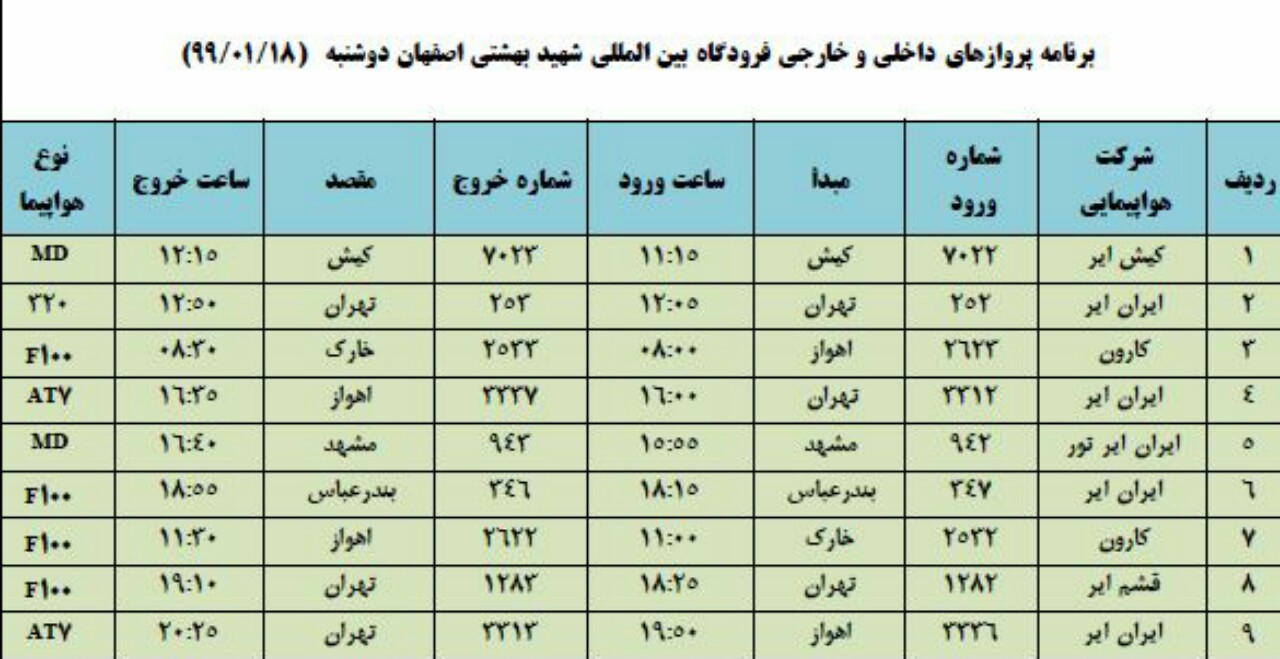 اعلام پروازهای فرودگاه اصفهان