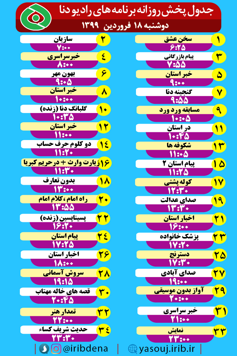 جدول پخش برنامه‌های رادیوی شبکه دنا