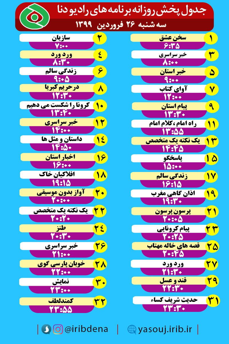 جدول پخش برنامه‌های رادیوی شبکه دنا