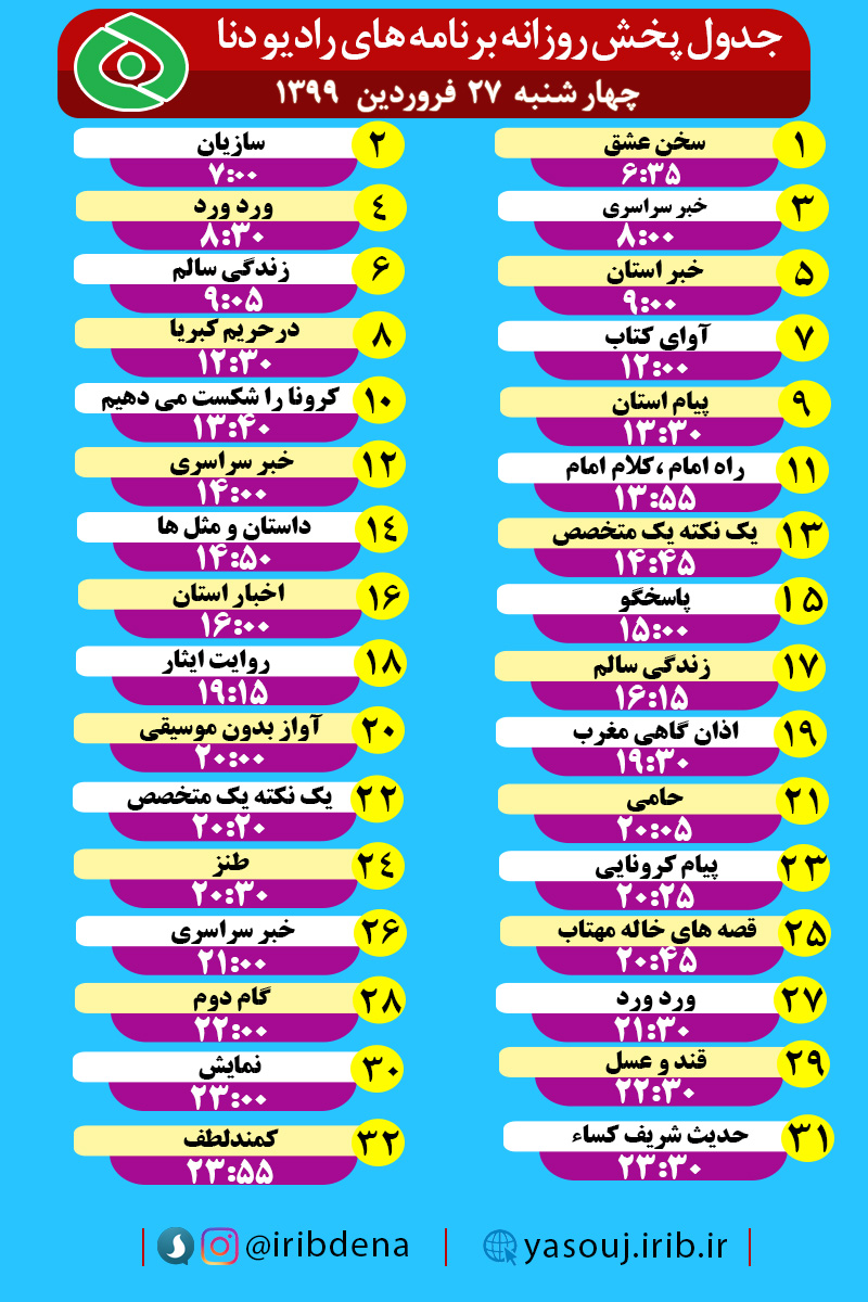 جدول پخش برنامه‌های رادیوی شبکه دنا