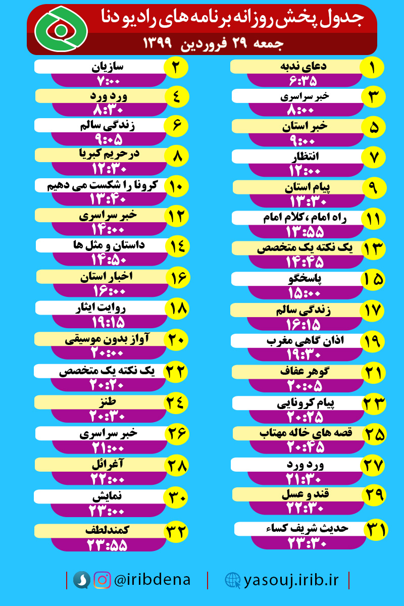 جدول پخش برنامه‌های رادیوی شبکه دنا