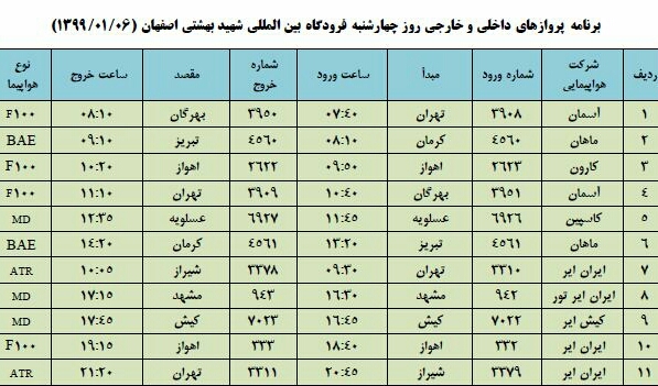 اعلام پروازهای فرودگاه شهید بهشتی اصفهان