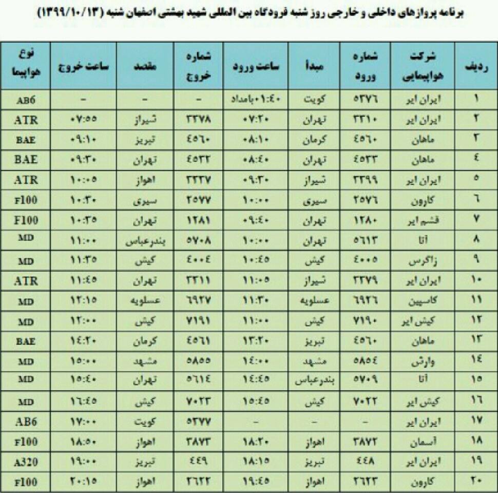 پروازهای امروز فرودگاه شهید بهشتی اصفهان