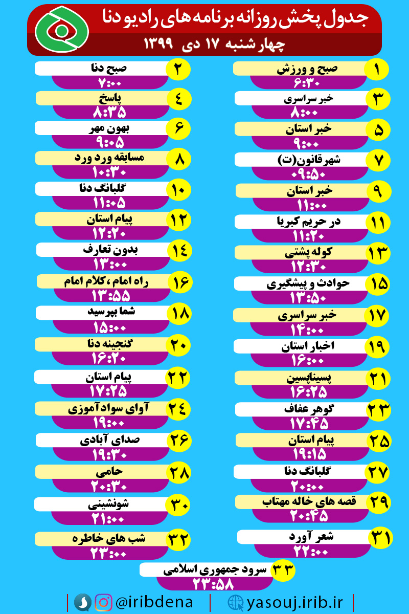 جدول پخش برنامه‌های رادیوی شبکه دنا