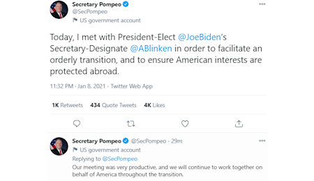 دیدار پمپئو با وزیر امور خارجه جو بایدن