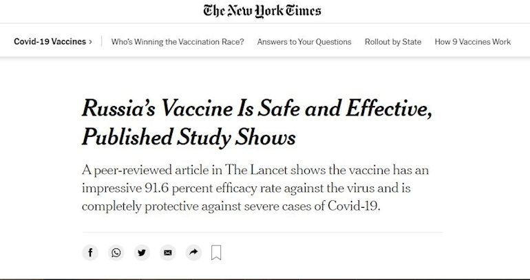 نیویورک‌تایمز: واکسن روسی کرونا موثر است