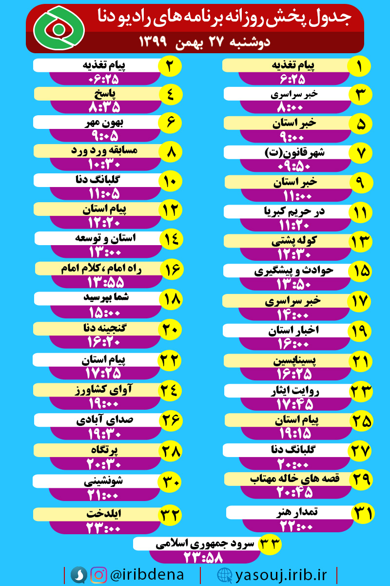 جدول پخش برنامه‌های رادیوی شبکه دنا