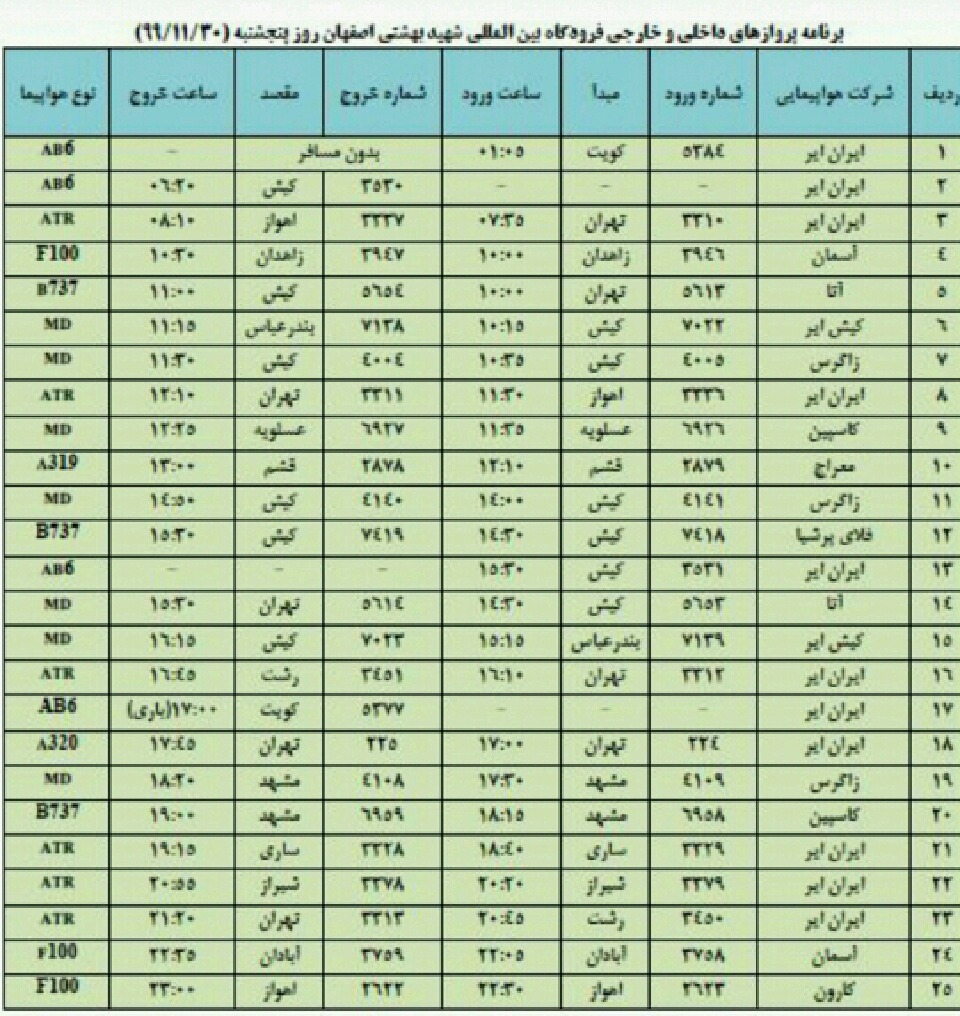 فهرست پروازهای فرودگاه اصفهان