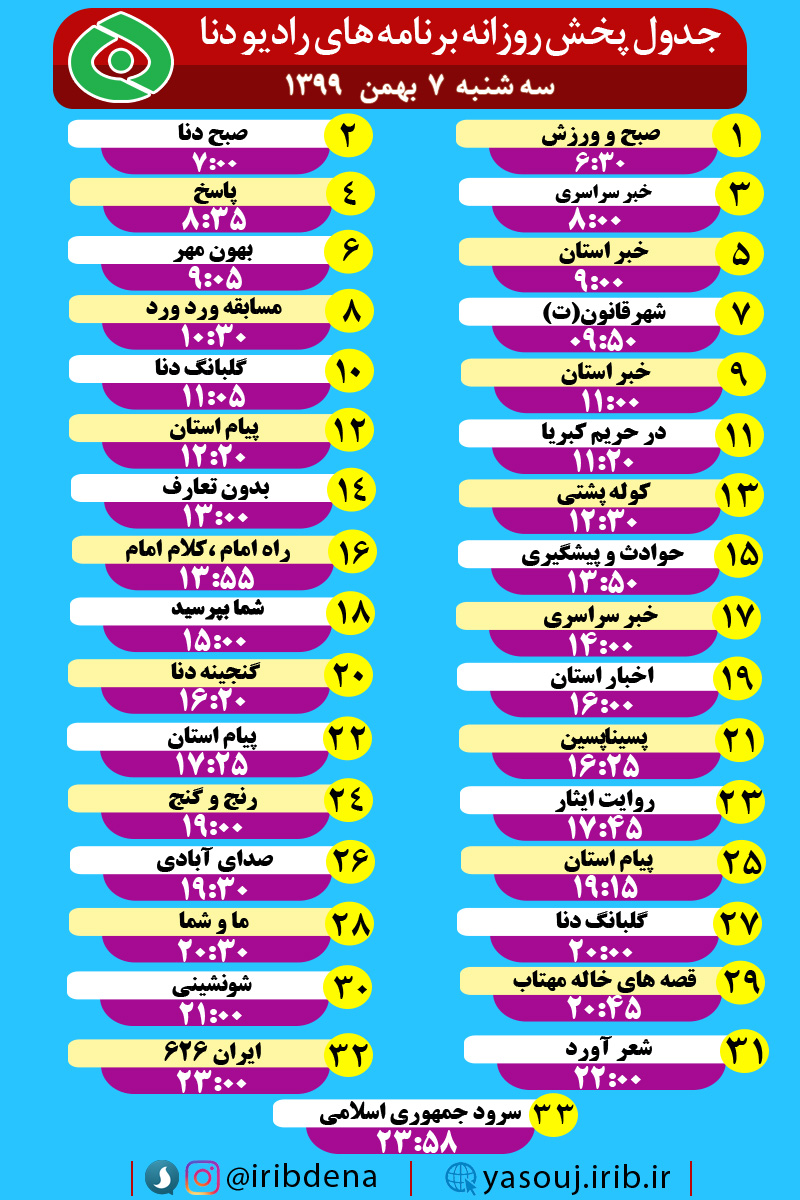 جدول پخش برنامه‌های رادیوی شبکه دنا