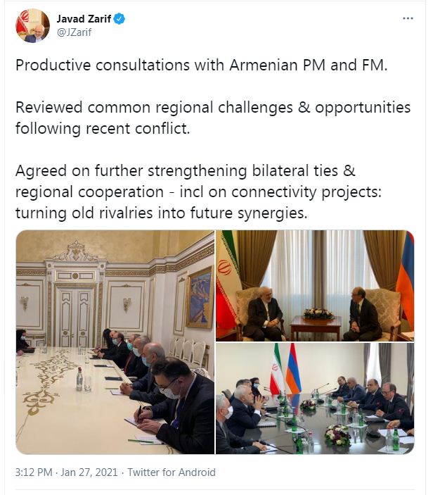 ظریف از گفتگو‌های سازنده با مقامات ارمنستان خبر داد