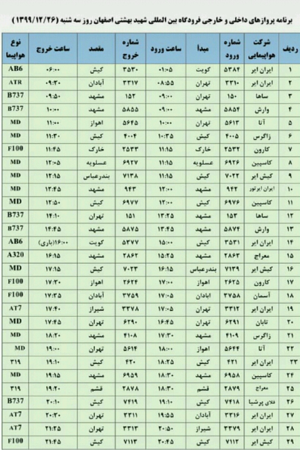 فهرست پروازهای فرودگاه اصفهان در سه شنبه 26 اسفند