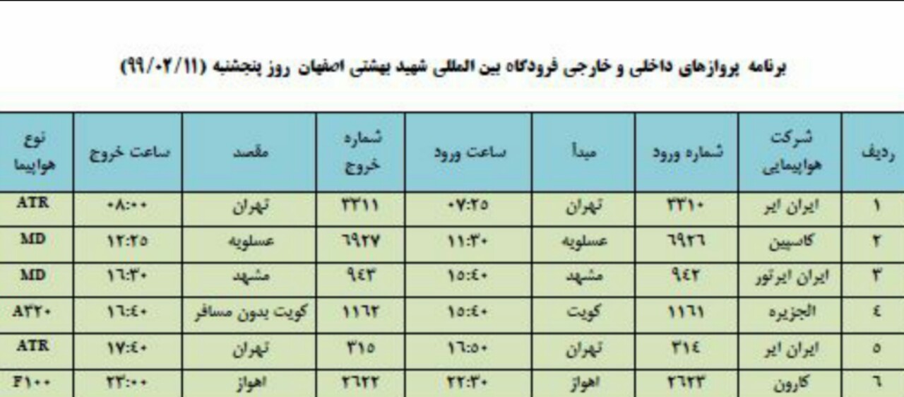 فهرست پروازهای فرودگاه شهید بهشتی اصفهان